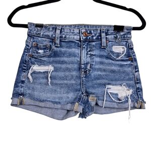 American Eagle Womens Blue Distressed Hi-Rise Shortie Denim Jean Shorts Size 0